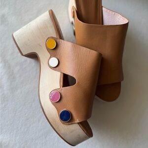 Charlotte Stone Tan Leather Clogs with Colorful Accents